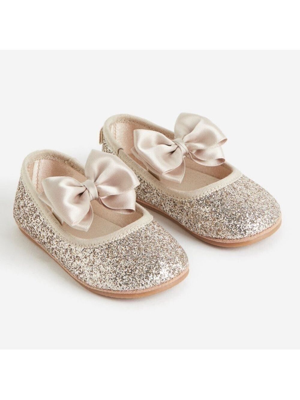 H&M Gold Glitter Sparkle Ballet Flats with Elastic Band and Satin Bow